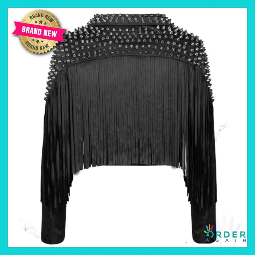 Faux Suede Leather Motorcycle Jacket Punk Rock Fringe Spike Rivet Slim Fit - Picture 5 of 6